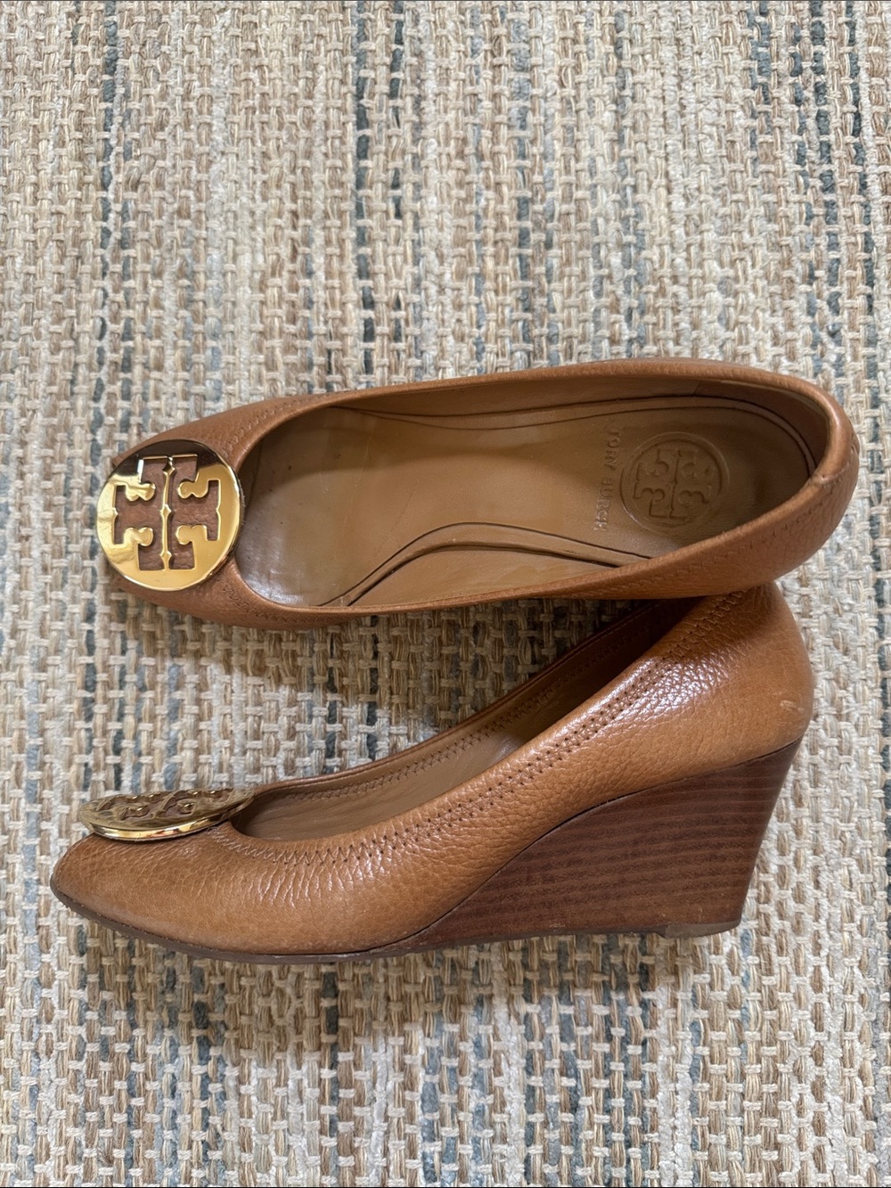 Tory Burch Brown Leather Logo Wedge Pumps